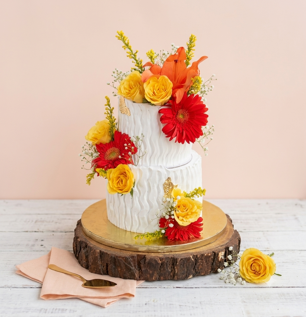 Orange Floral Tier Wedding Cake